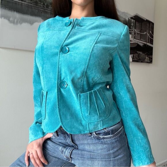 Vintage preppy velvet like Turquoise Button-Up Jacket - Picture 4 of 6